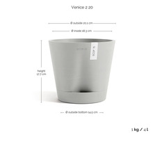 Ecopots Venice 2 20 Blumentopf mit Ecopots Logo. Maße: Höhe 17,7 Zentimeter, Außendurchmesser 20,1 Zentimeter, Volumen 4 Liter, Gewicht 1 Kilogramm.