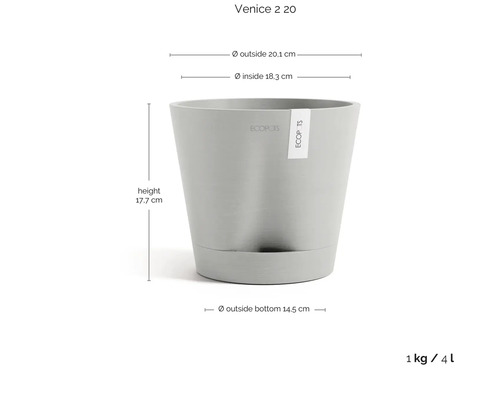 Ecopots Venice 2 20 Blumentopf mit Ecopots Logo. Maße: Höhe 17,7 Zentimeter, Außendurchmesser 20,1 Zentimeter, Volumen 4 Liter, Gewicht 1 Kilogramm.
