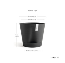 Pot de fleurs Ecopots Venice 2 30, hauteur 27,5 centimètres, diamètre extérieur 30 centimètres, poids 2,5 kilogrammes, volume 4 litres.