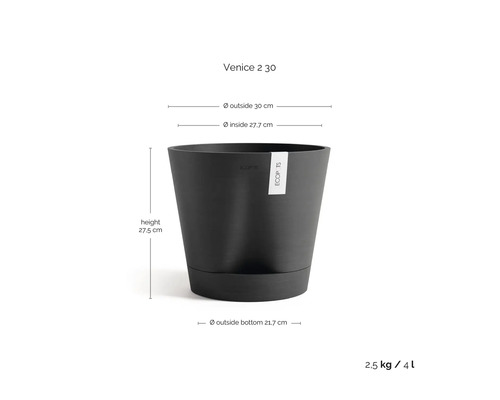 Pot de fleurs Ecopots Venice 2 30, hauteur 27,5 centimètres, diamètre extérieur 30 centimètres, poids 2,5 kilogrammes, volume 4 litres.