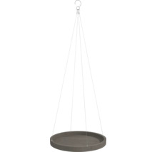 Soucoupe suspendue grise pour pots de fleurs avec quatre fils métalliques fins et un crochet.