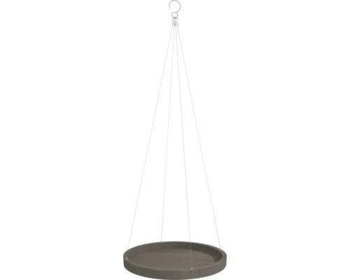 Soucoupe suspendue grise pour pots de fleurs avec quatre fils métalliques fins et un crochet.