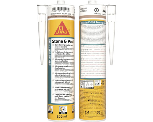 SikaSeal 195 Stone and Pool, un silicone à durcissement neutre sans décoloration pour pierre naturelle et carrelage dans les salles de bains, les espaces de bien-être, les piscines, les cuisines, les sols et les façades en cartouche de 300 ml.