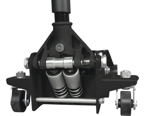 Vue détaillée d'un cric de voiture noir avec roulettes.