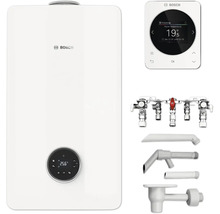 Chaudière blanche avec élément de commande, thermostat et accessoires de Bosch
