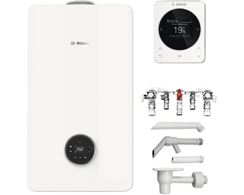 Chaudière blanche avec élément de commande, thermostat et accessoires de Bosch