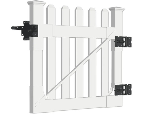 Weißes Gartentürchen mit schwarzem Beschlag
