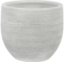 Cache-pot rond avec surface structurée et motif en relief horizontal.