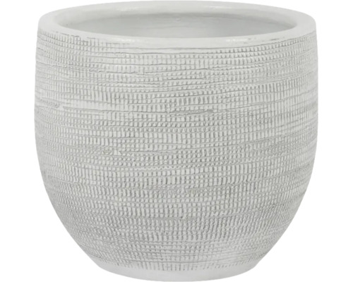 Cache-pot rond avec surface structurée et motif en relief horizontal.