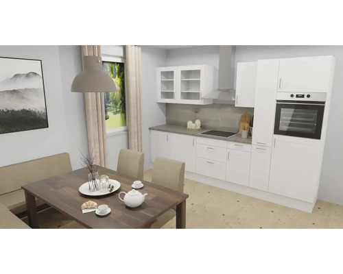 Cuisine claire avec table à manger et banquette