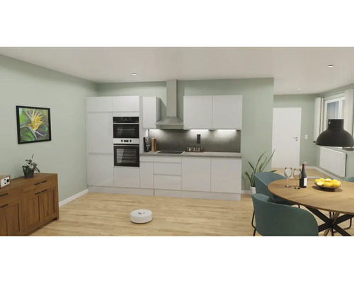 Cuisine claire avec kitchenette, table à manger et robot aspirateur sur parquet