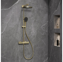 Duscharmatur mit Kopfbrause und Handbrause an einer grauen Marmorwand