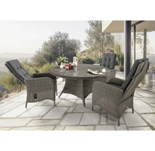 Ensemble de salon de jardin avec table ronde et quatre fauteuils en rotin sur une terrasse