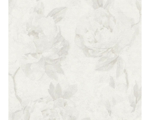 Papier peint intissé avec motif floral discret, grandes fleurs et feuilles en blanc et gris clair, surface structurée.