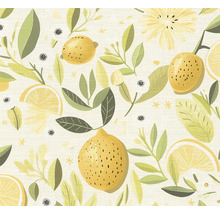 Papier peint avec motif de citrons, citrons entiers, tranches de citron et feuilles vertes.