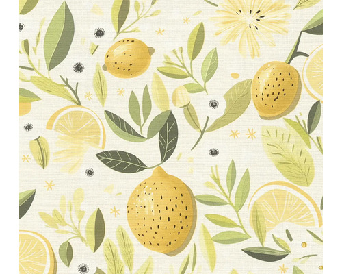 Papier peint avec motif de citrons, citrons entiers, tranches de citron et feuilles vertes.