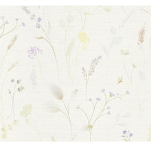 Tapete mit Blumenmuster, filigrane Wildblumen und Gräser im Aquarellstil mit dezenter Leinenstruktur.