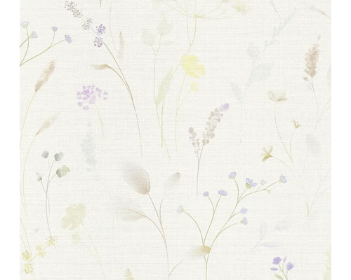 Tapete mit Blumenmuster, filigrane Wildblumen und Gräser im Aquarellstil mit dezenter Leinenstruktur.