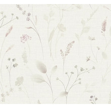 Vliestapete mit feinem Wiesenblumen- und Gräsermuster im Aquarell-Stil.