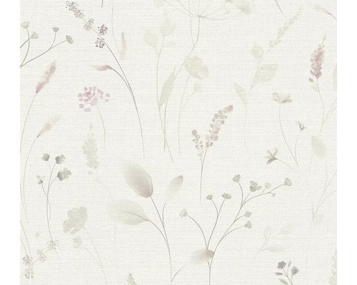 Vliestapete mit feinem Wiesenblumen- und Gräsermuster im Aquarell-Stil.