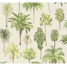 Papier peint intissé avec un motif botanique de différents palmiers et plantes tropicales en vert.