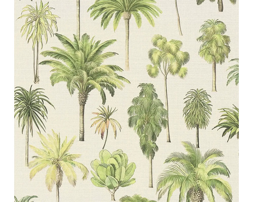 Papier peint intissé avec un motif botanique de différents palmiers et plantes tropicales en vert.