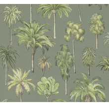 Papier peint intissé avec motif botanique de différents palmiers dans des tons verts.