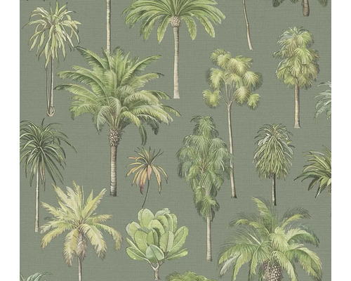 Papier peint intissé avec motif botanique de différents palmiers dans des tons verts.