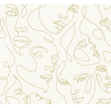 Tapete mit abstraktem Muster aus feinen Linien, die Gesichter in Gold darstellen.