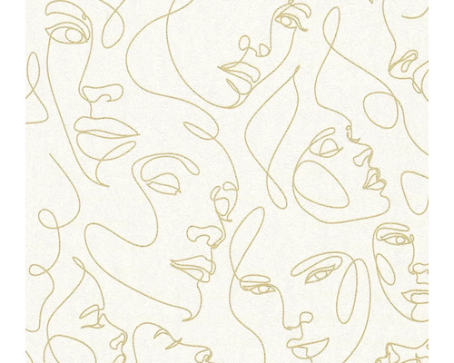 Tapete mit abstraktem Muster aus feinen Linien, die Gesichter in Gold darstellen.