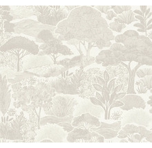 Papier peint avec motif de paysage illustré composé d'arbres, de collines et de plantes.