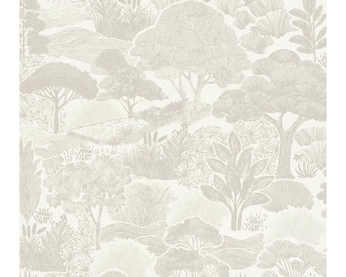 Papier peint avec motif de paysage illustré composé d'arbres, de collines et de plantes.