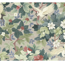 Papier peint intissé avec motif botanique, grues, feuilles, fleurs et baies de style asiatique.
