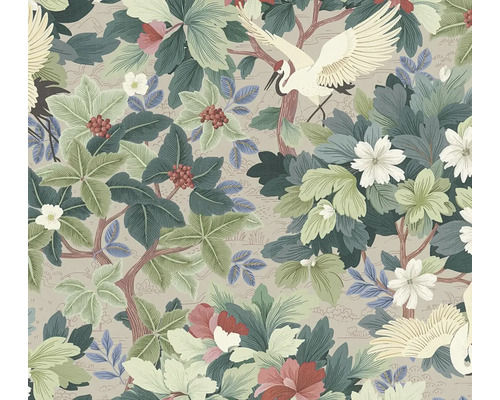 Papier peint intissé avec motif botanique, grues, feuilles, fleurs et baies de style asiatique.
