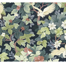 Papier peint intissé avec motif floral de grues, feuilles, fleurs blanches et roses et baies.