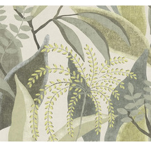 Papier peint avec motif botanique de feuilles dans divers tons de vert et gris.