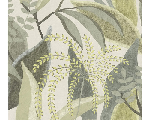 Papier peint avec motif botanique de feuilles dans divers tons de vert et gris.