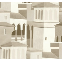 Vliestapete mit abstraktem Architekturmuster aus mediterranen Gebäuden mit Rundbögen und Türmen in beige und braun.