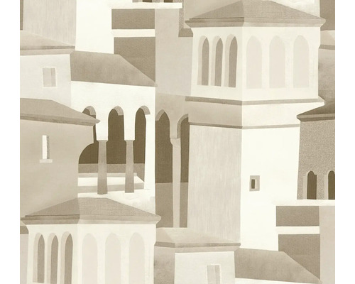 Vliestapete mit abstraktem Architekturmuster aus mediterranen Gebäuden mit Rundbögen und Türmen in beige und braun.