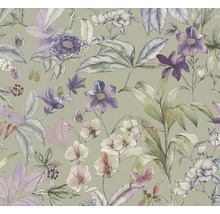 Papier peint intissé avec motif floral composé de diverses fleurs, feuilles et papillons dans un style illustratif.