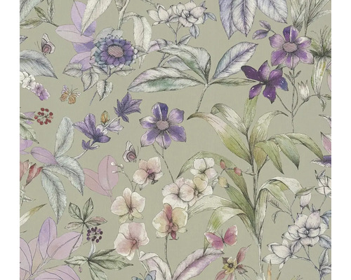 Papier peint intissé avec motif floral composé de diverses fleurs, feuilles et papillons dans un style illustratif.