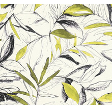 Papier peint intissé avec motif botanique de feuilles au style dessiné à la main et touches d'aquarelle.
