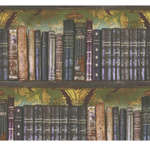 Papier peint avec motif de bibliothèque, vieux livres reliés en cuir devant un arrière-plan floral.
