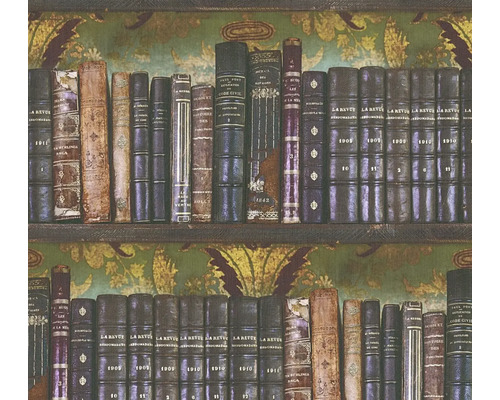 Papier peint avec motif de bibliothèque, vieux livres reliés en cuir devant un arrière-plan floral.