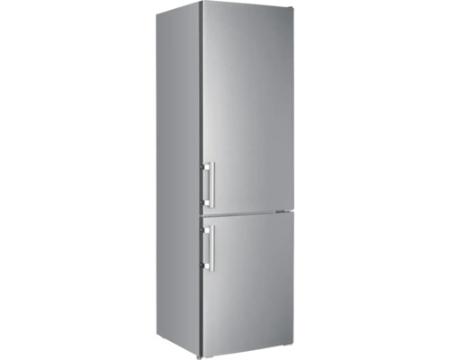 Réfrigérateur-congélateur argenté avec deux portes et poignées