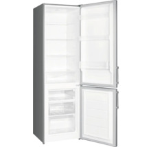 Réfrigérateur gris ouvert avec compartiment congélateur et étagères transparentes