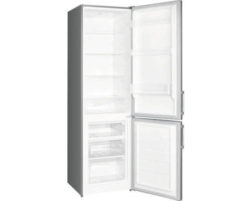 Réfrigérateur gris ouvert avec compartiment congélateur et étagères transparentes