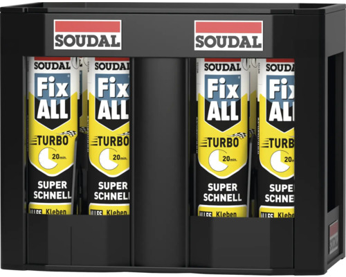 Présentoir de vente avec plusieurs cartouches de colle Soudal Fix ALL Turbo
