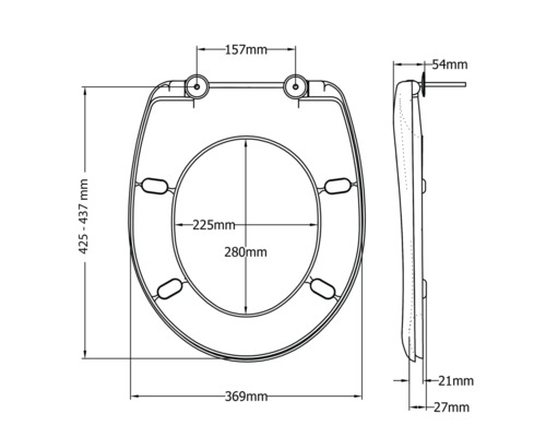 Dessin technique d'un couvercle de toilette avec indications de dimensions
