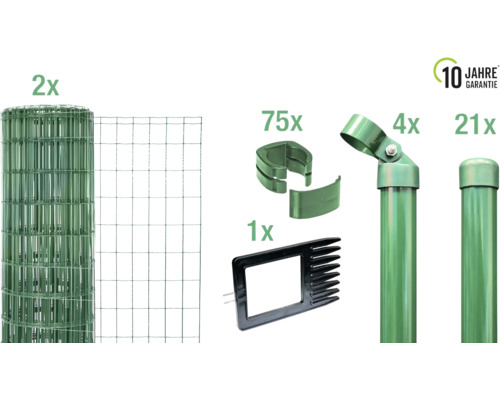 Komplettes Zaunbauset mit Rollen, Pfosten, Winkelstützen, Schellen, und Eindrehhilfe sowie zehn Jahre Garantie